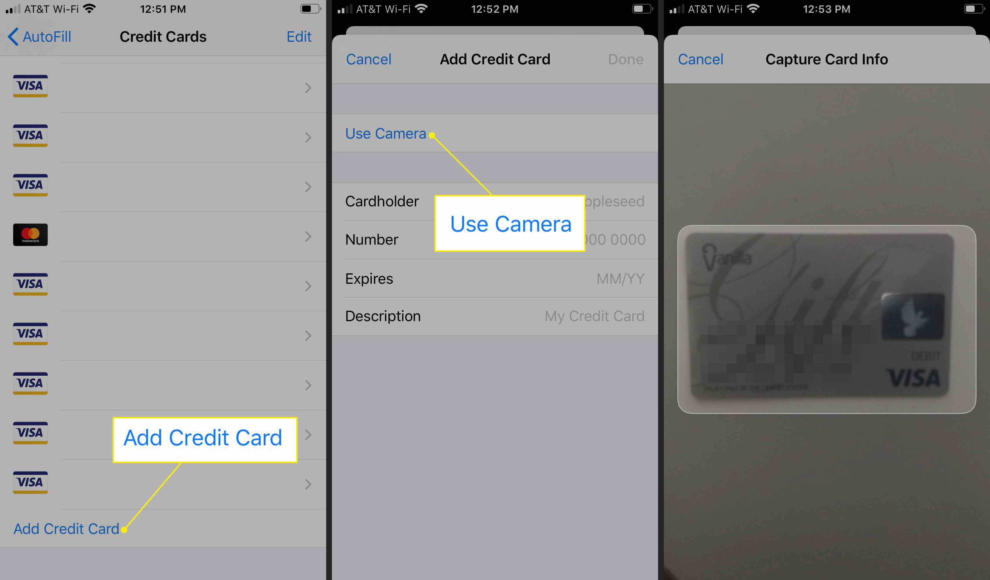 Een creditcard toevoegen met de camera van de iPhone