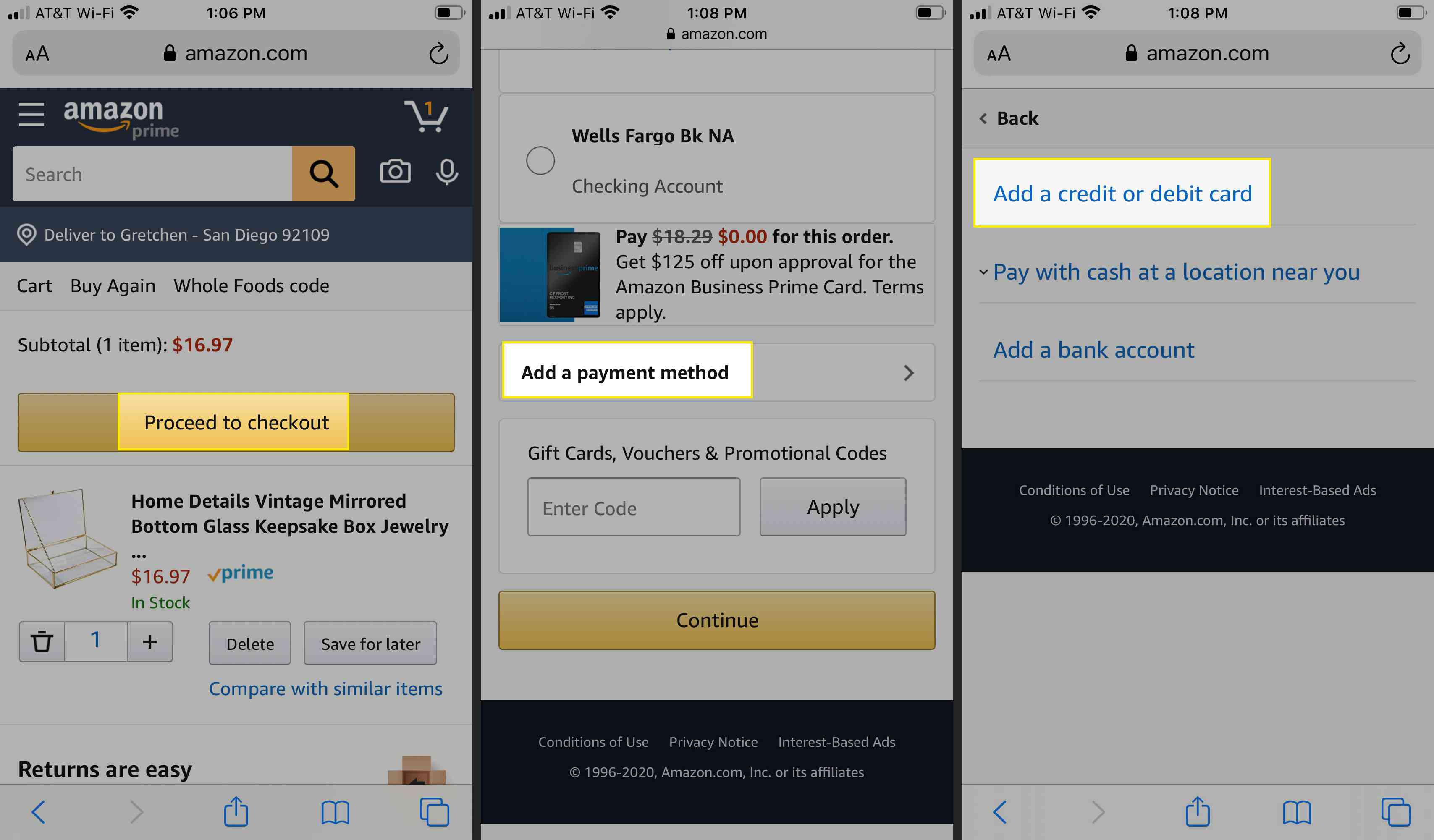 Ga verder naar afrekenen, "Voeg een betaalmethode toe" en "Voeg een creditcard of betaalpas toe" in de Amazon-app