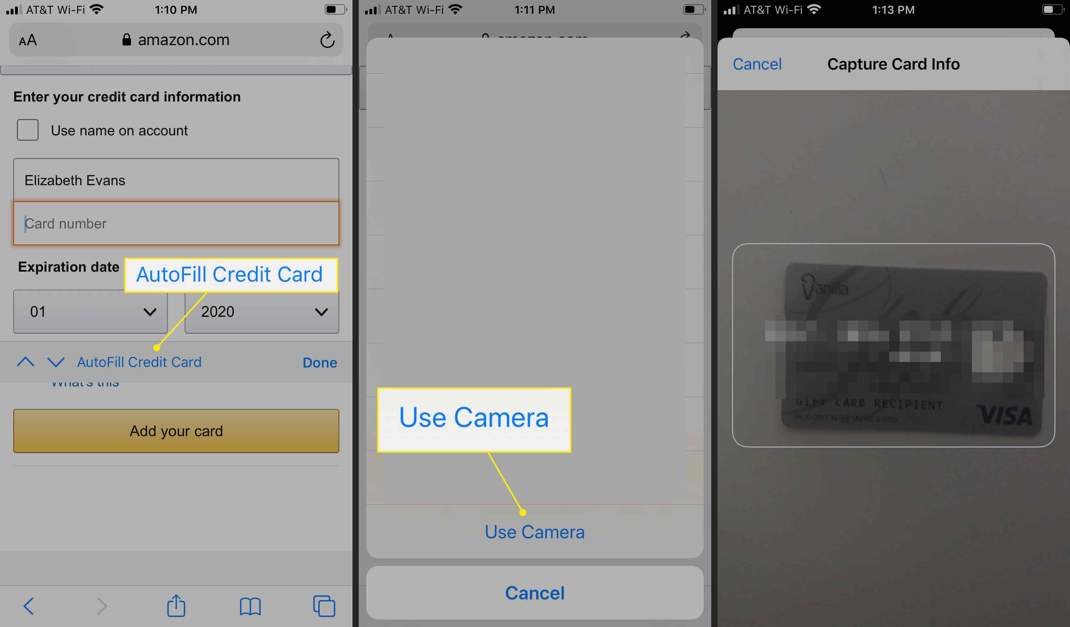 De opdrachten "Creditcard automatisch aanvullen" en "Camera gebruiken" op een iPhone