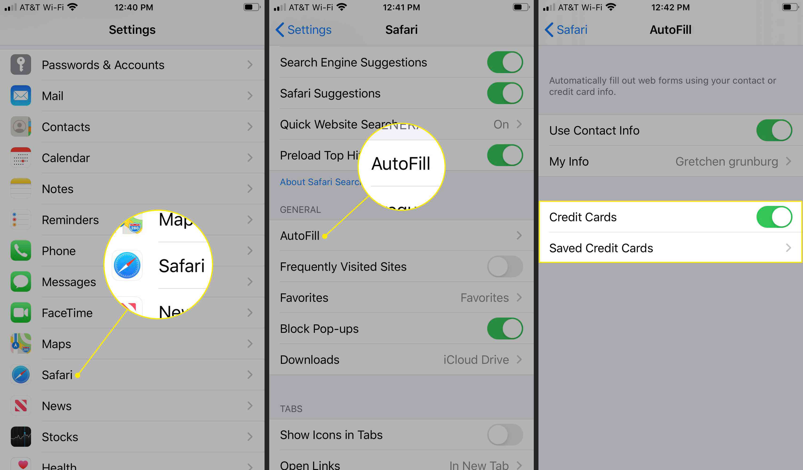 Safari, Automatisch aanvullen en Creditcards in iOS-instellingen