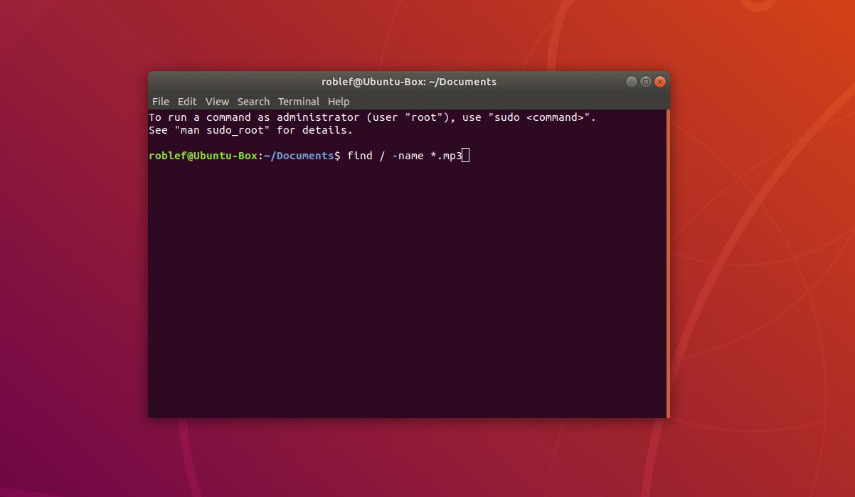 Terminal in Ubuntu Linux met het commando "find / -name *.mp3"