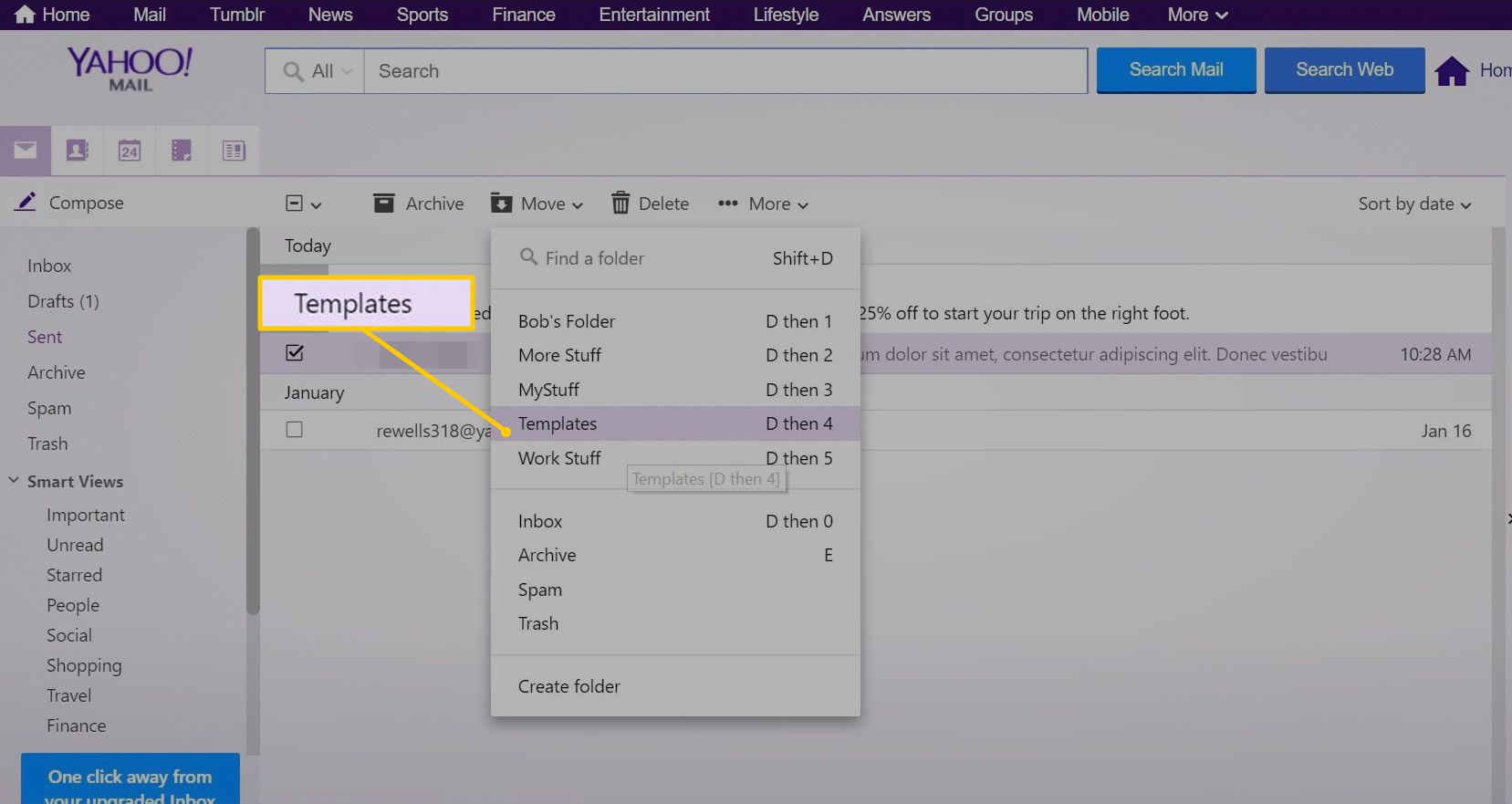 Verplaats menu inclusief nieuwe map Sjablonen in Yahoo Mail