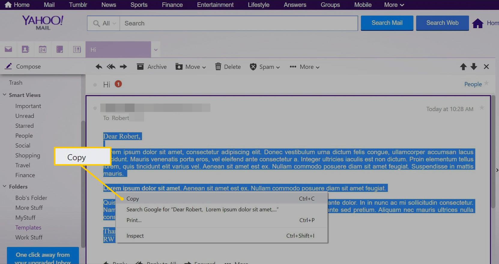 Kopieeroptie in menu in Yahoo Mail