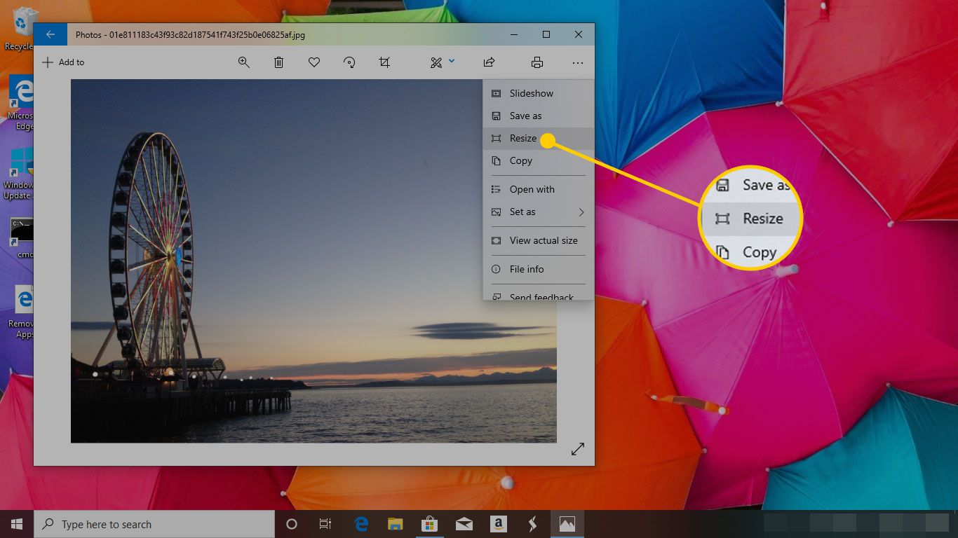 Foto's in Windows 10 met de optie Formaat wijzigen gemarkeerd