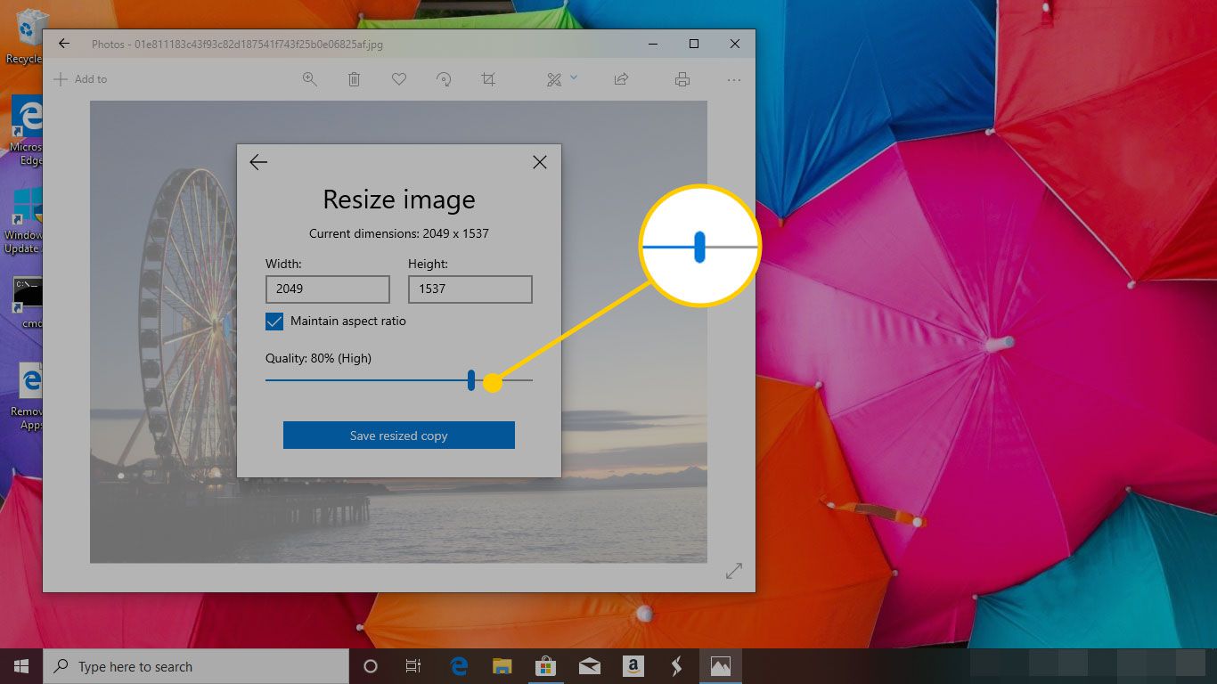 Kwaliteitsschuifregelaar in Resize Image-venster van foto's in Windows 10