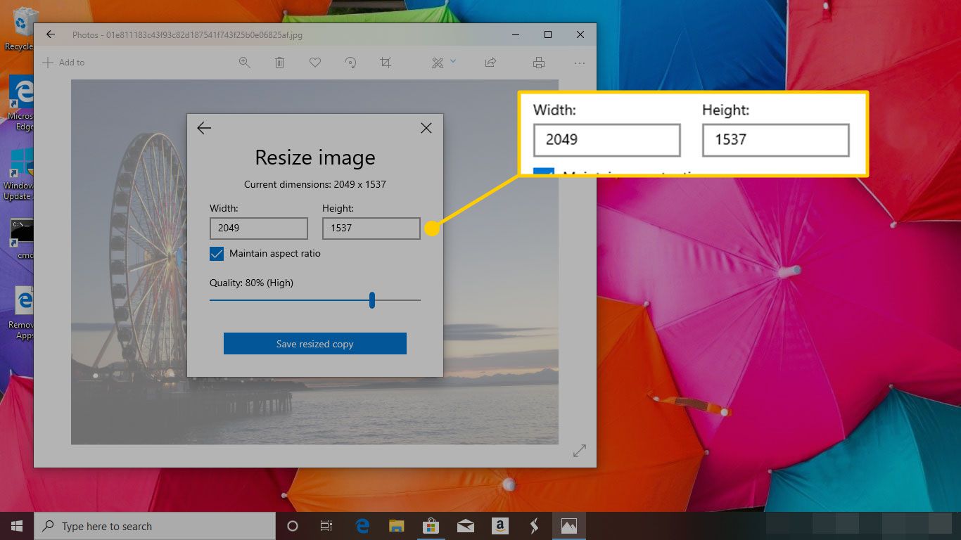 Formaat van afbeelding wijzigen menu in Foto's voor Windows 10 met de breedte- en hoogtevensters gemarkeerd