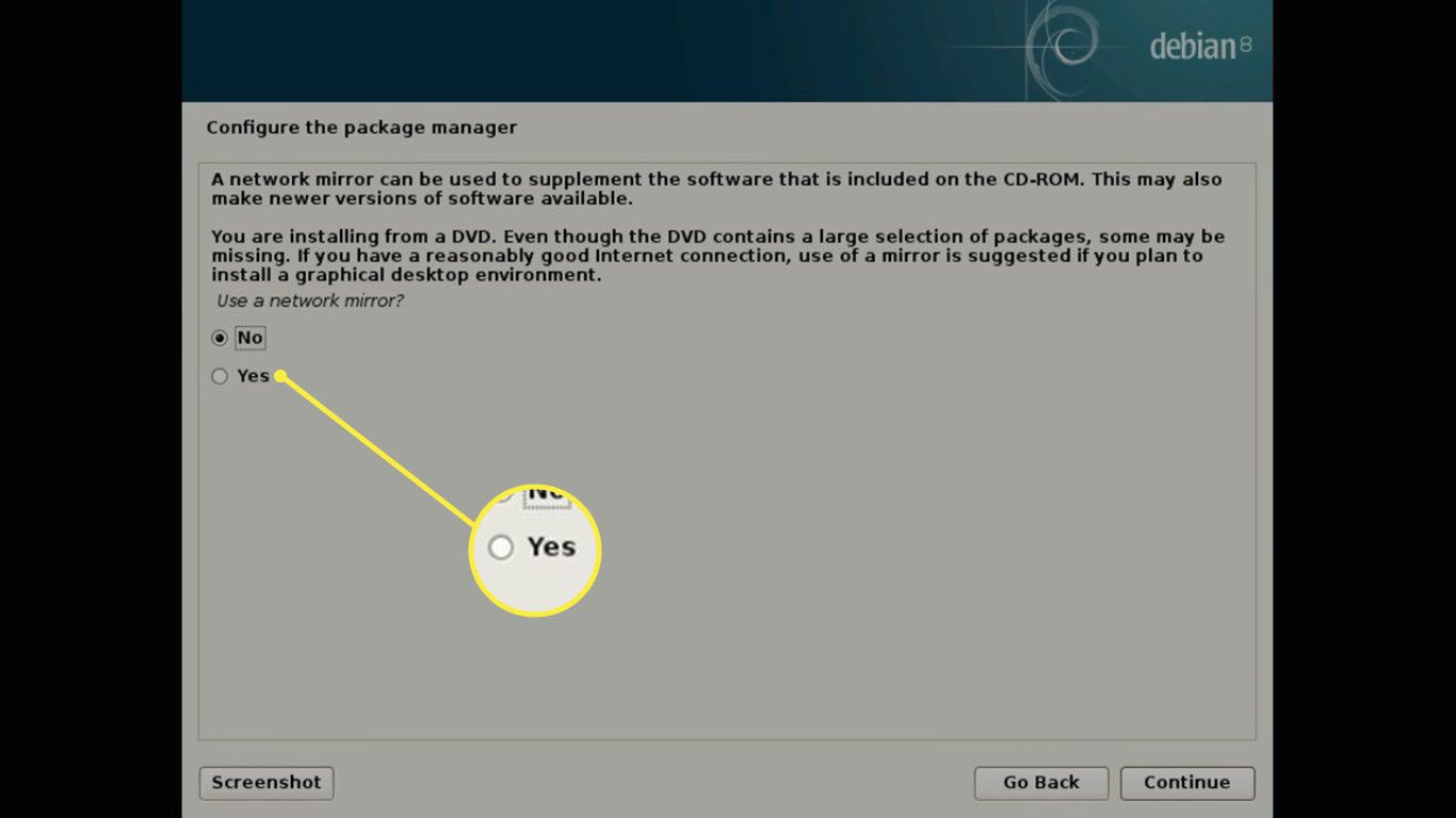 kies Ja onder Gebruik een netwerkmirror en selecteer Doorgaan