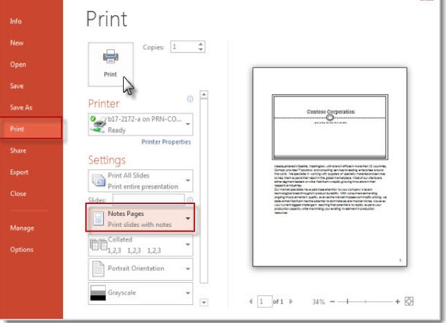 Screenshot van printerinstellingen om PowerPoint-sprekernotities af te drukken zonder diaminiaturen