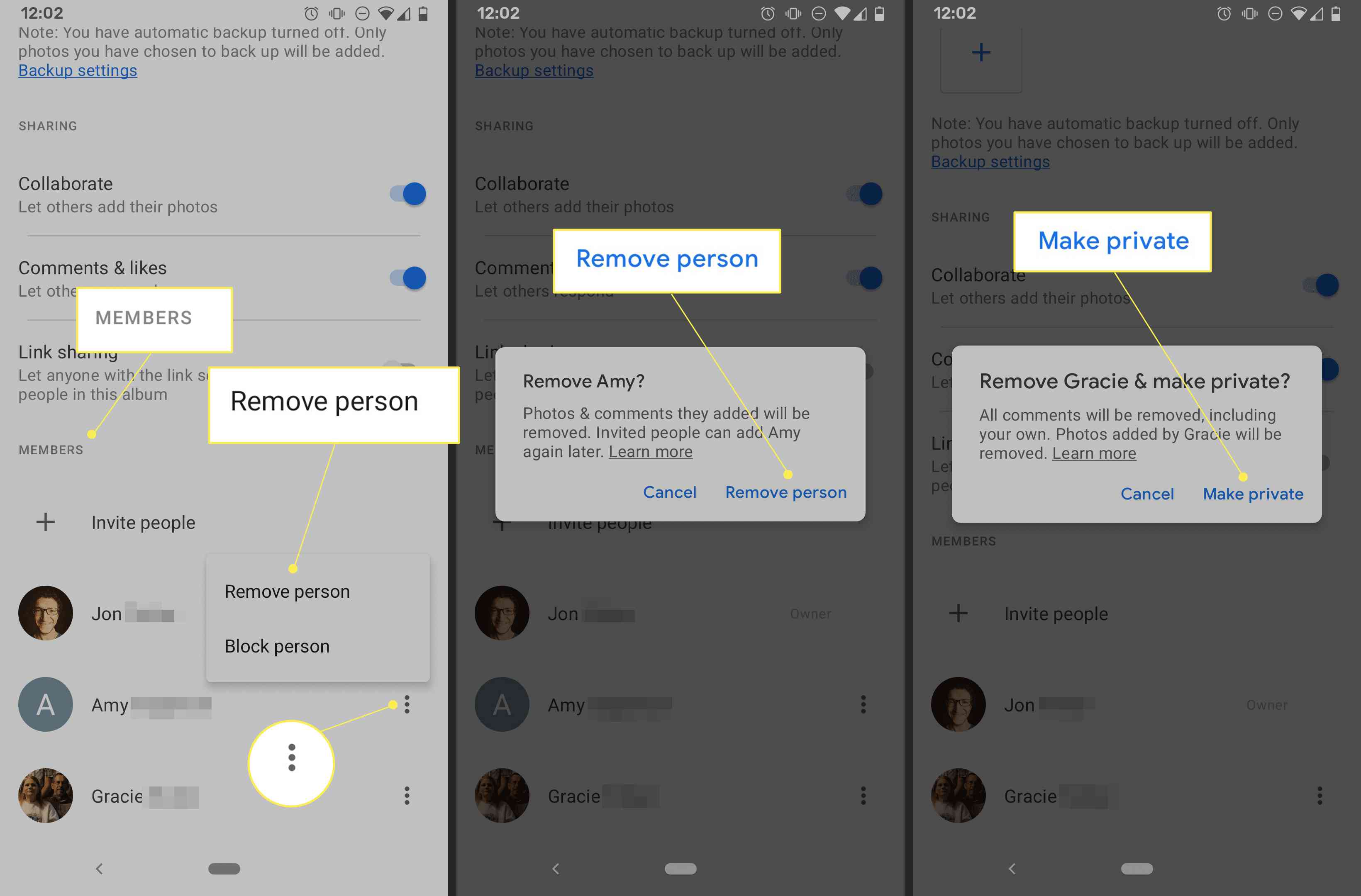 Verwijder persoon en maak privéknoppen in de Google Foto's-app voor Android