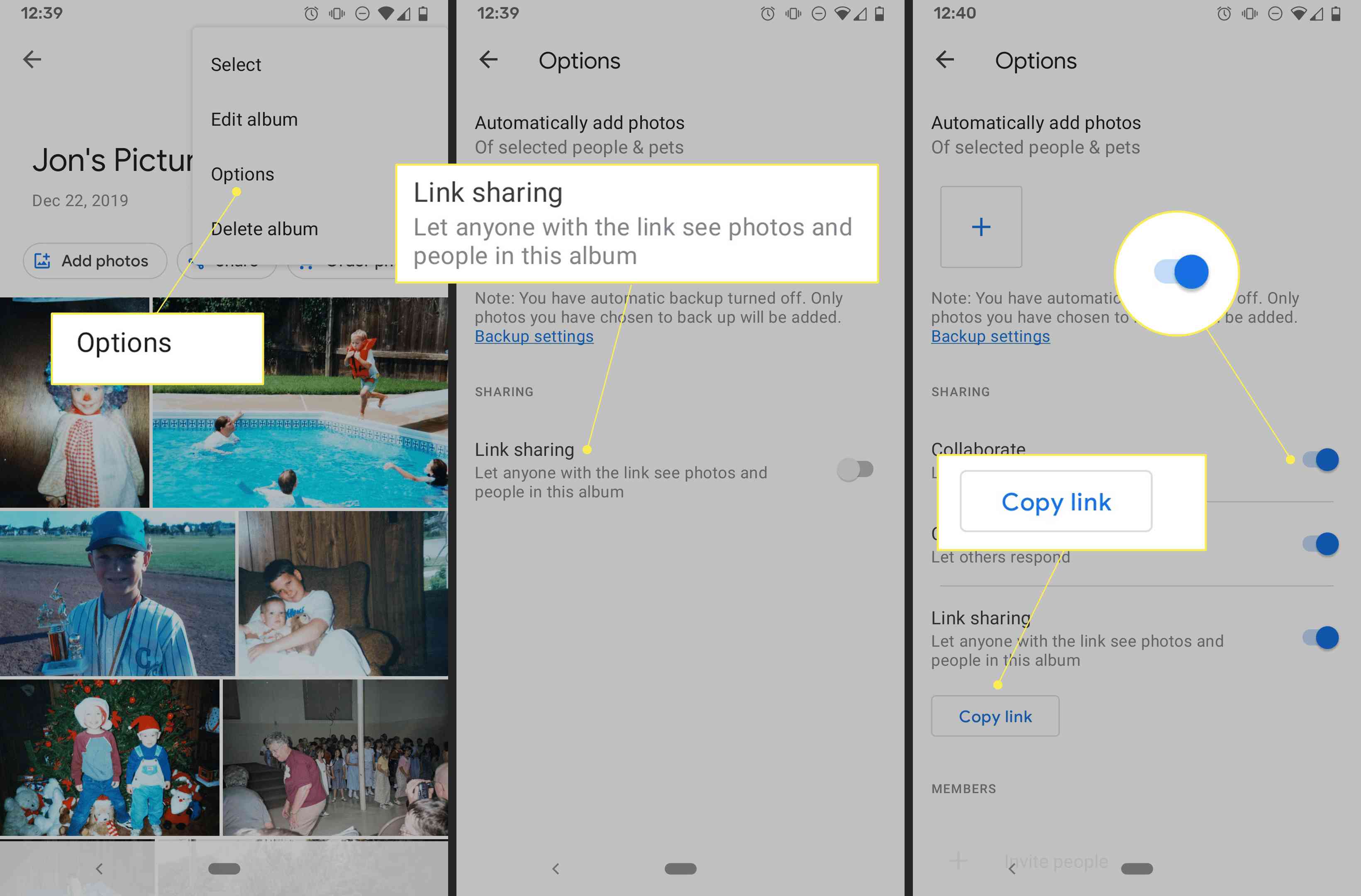 Opties voor het delen van links in Google Foto's voor Android met Opties, Link delen en Link kopiëren gemarkeerd