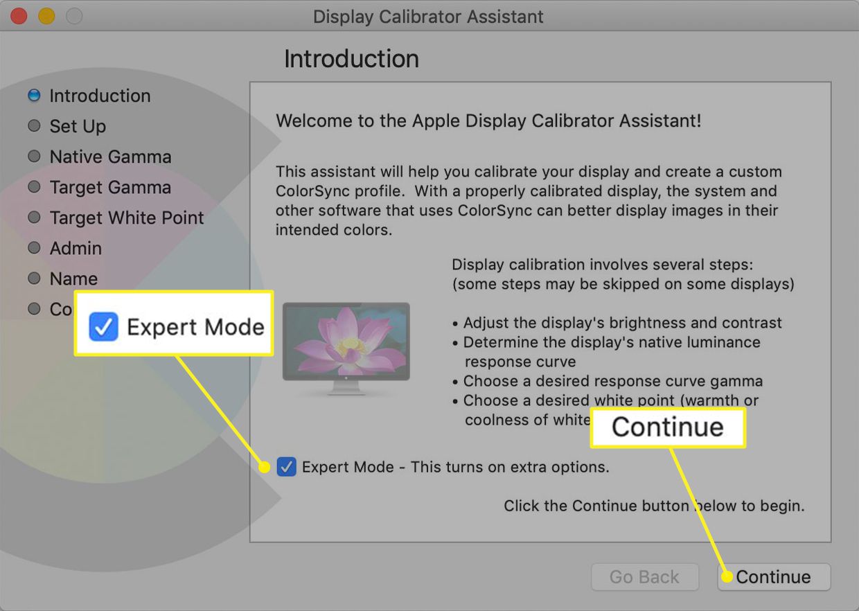 Introductiescherm Calibrator Assistant weergeven met Expert Mode geselecteerd