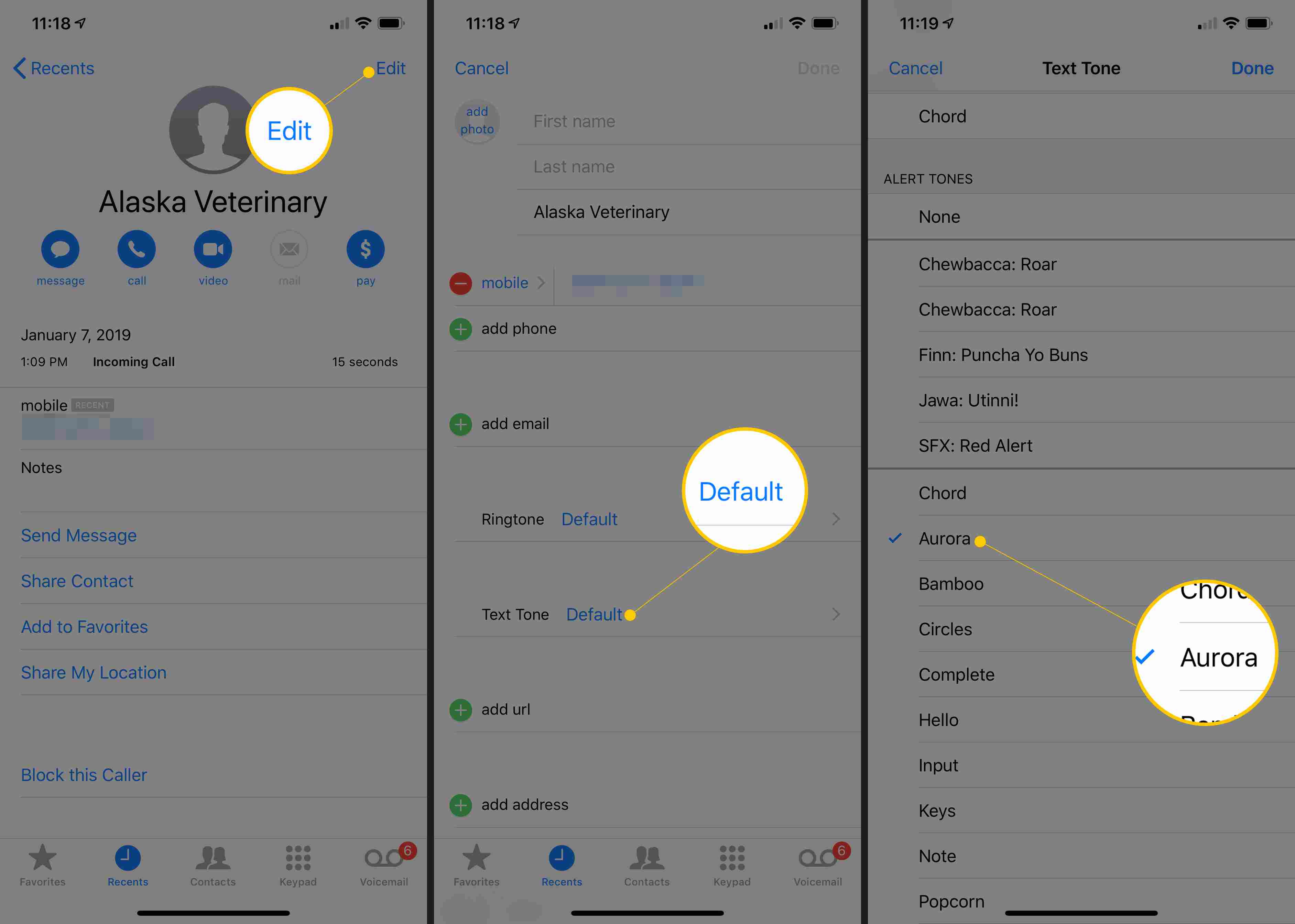 Bewerken, Standaard en Gekozen teksttoon (Aurora) in iOS-contactinstellingen