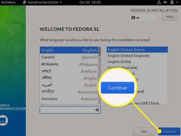 Fedora toont beschikbare talen met Doorgaan gemarkeerd