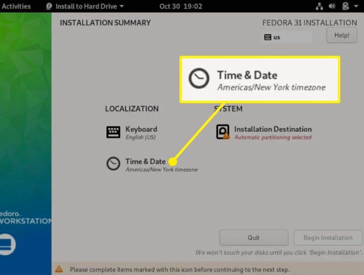 Tijd & Datum gemarkeerd in Fedora installatie