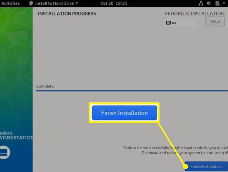 Installatie voltooien gemarkeerd op Fedora-scherm