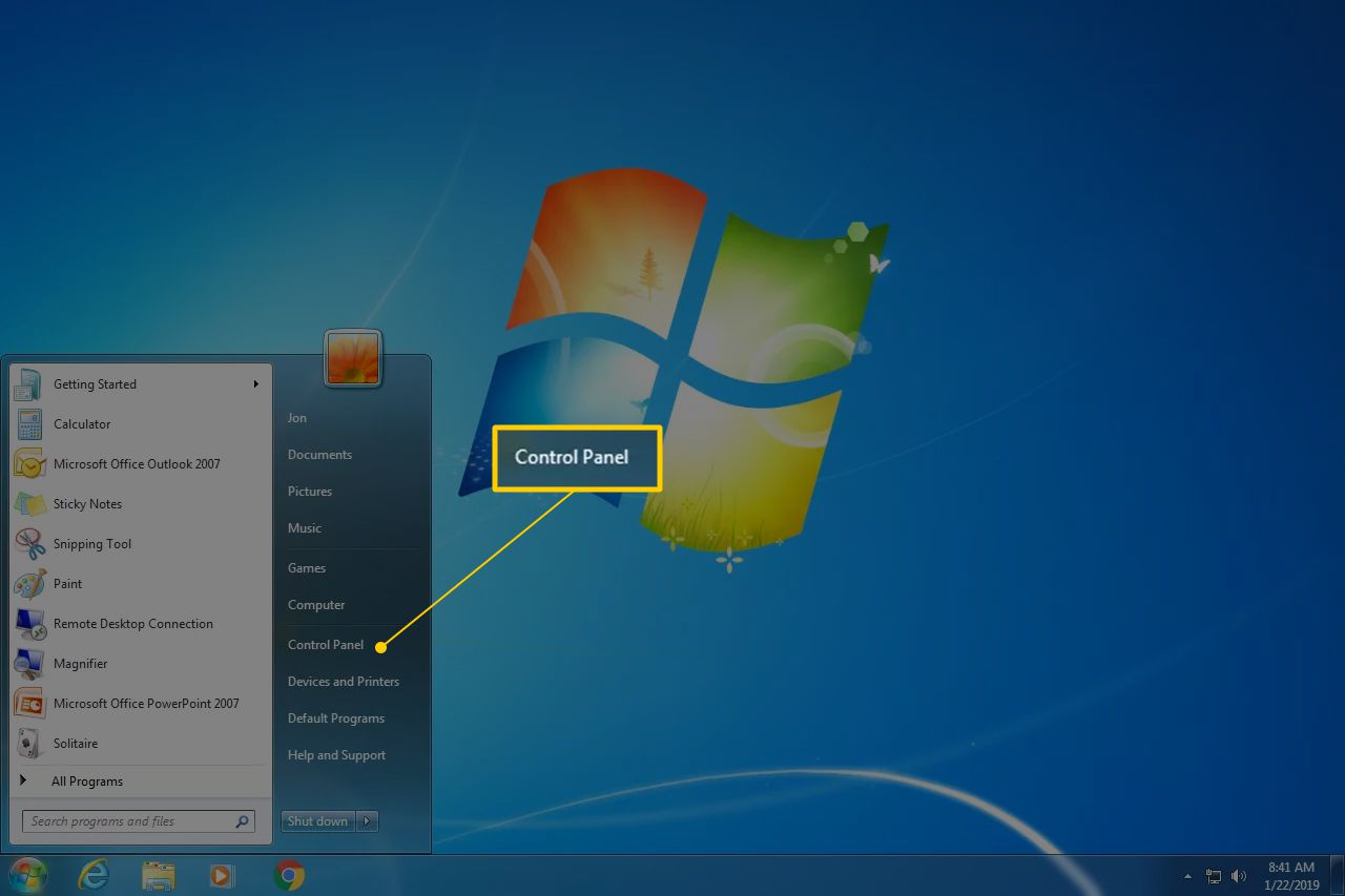 Configuratiescherm in het menu Start van Windows XP