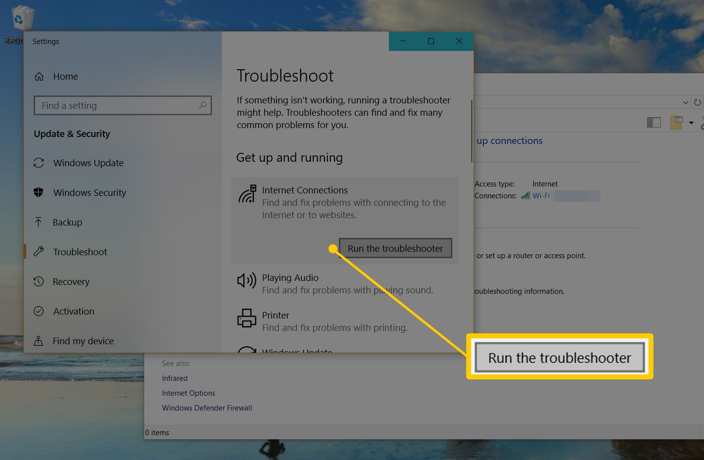 Voer de probleemoplosseroptie uit in de interface voor probleemoplossing voor Windows 10
