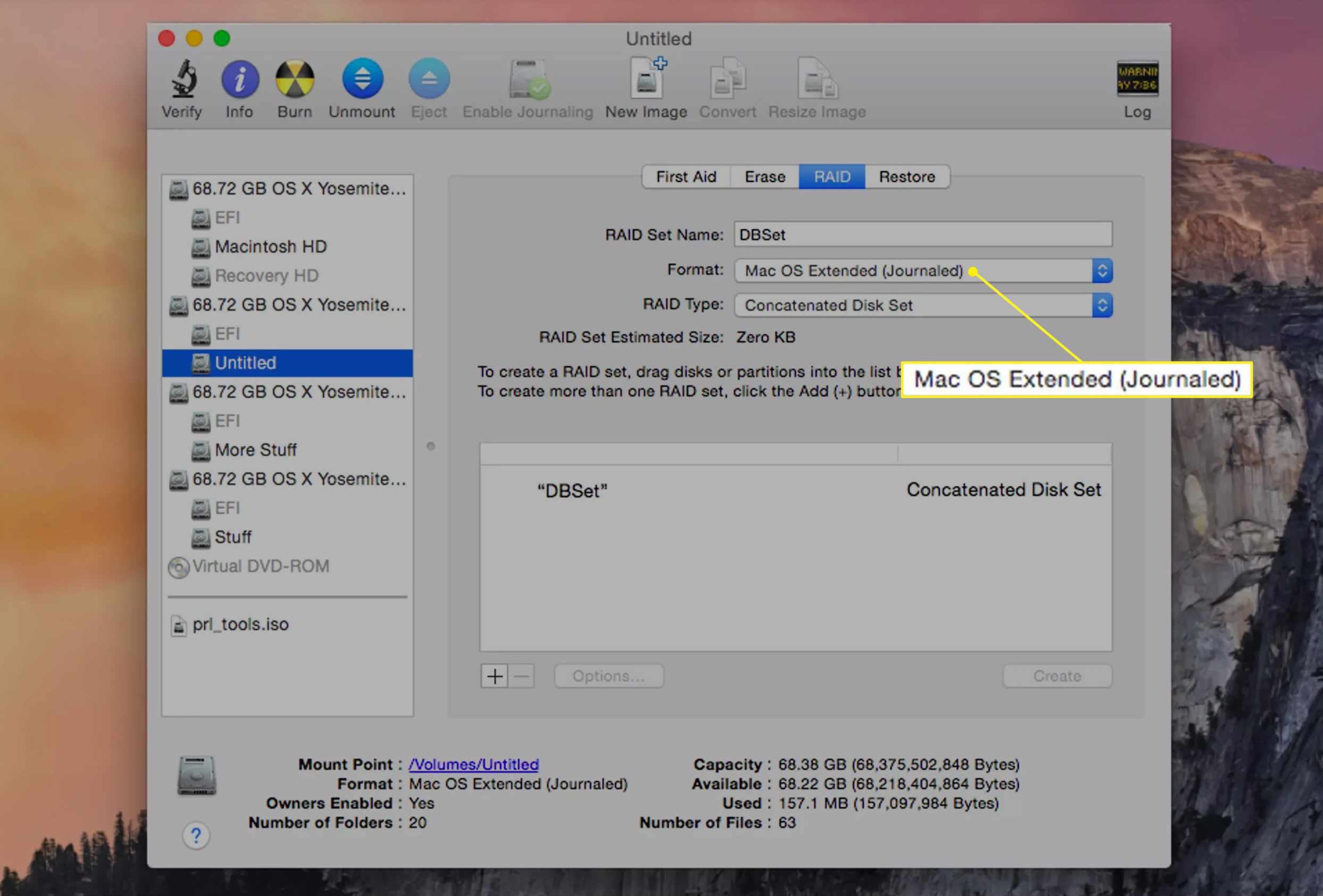 Mac OS Uitgebreid (journaled) geselecteerd in het menu Schijfindeling