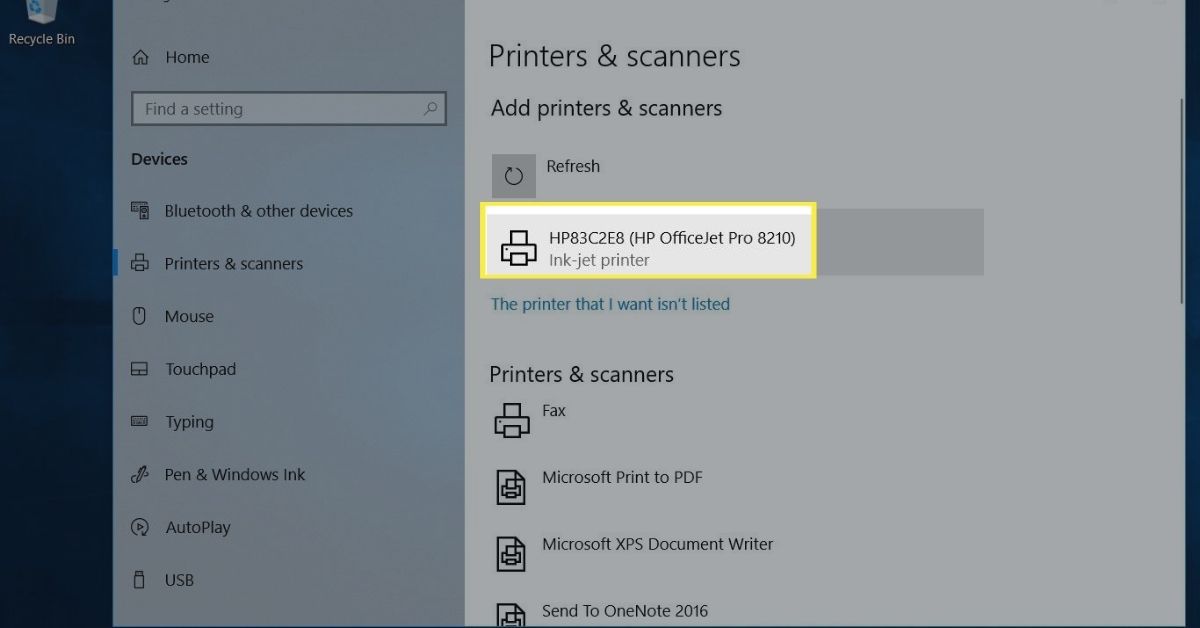 Printerselectie in Printers en scanners op Windows 10