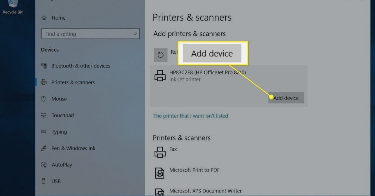 Knop Apparaat toevoegen in Printers en scanners