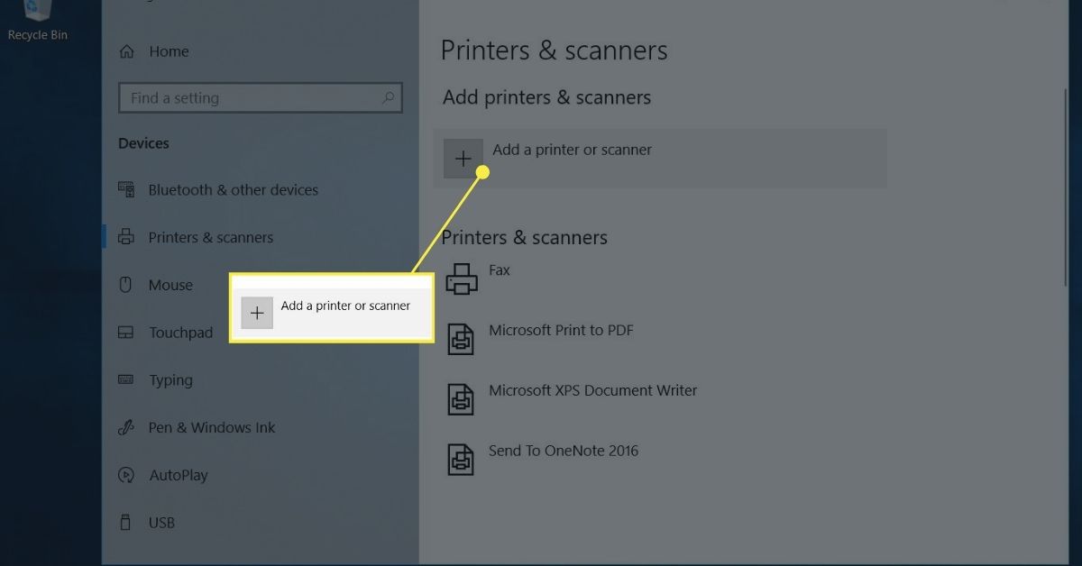 Instellingen voor printers en scanners om een ​​printer toe te voegen aan een Windows 10-laptop