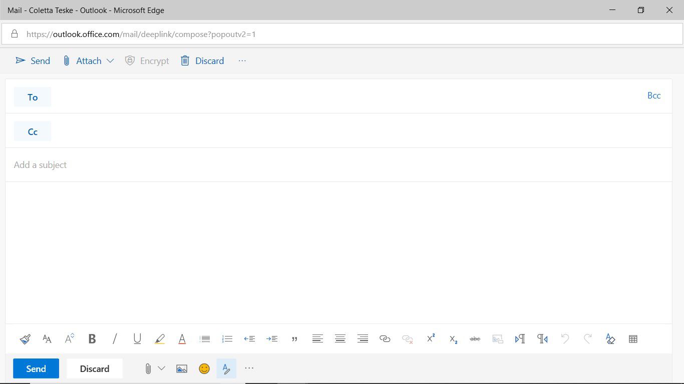 Een schermafbeelding met een leeg nieuw berichtvenster in Outlook op het web