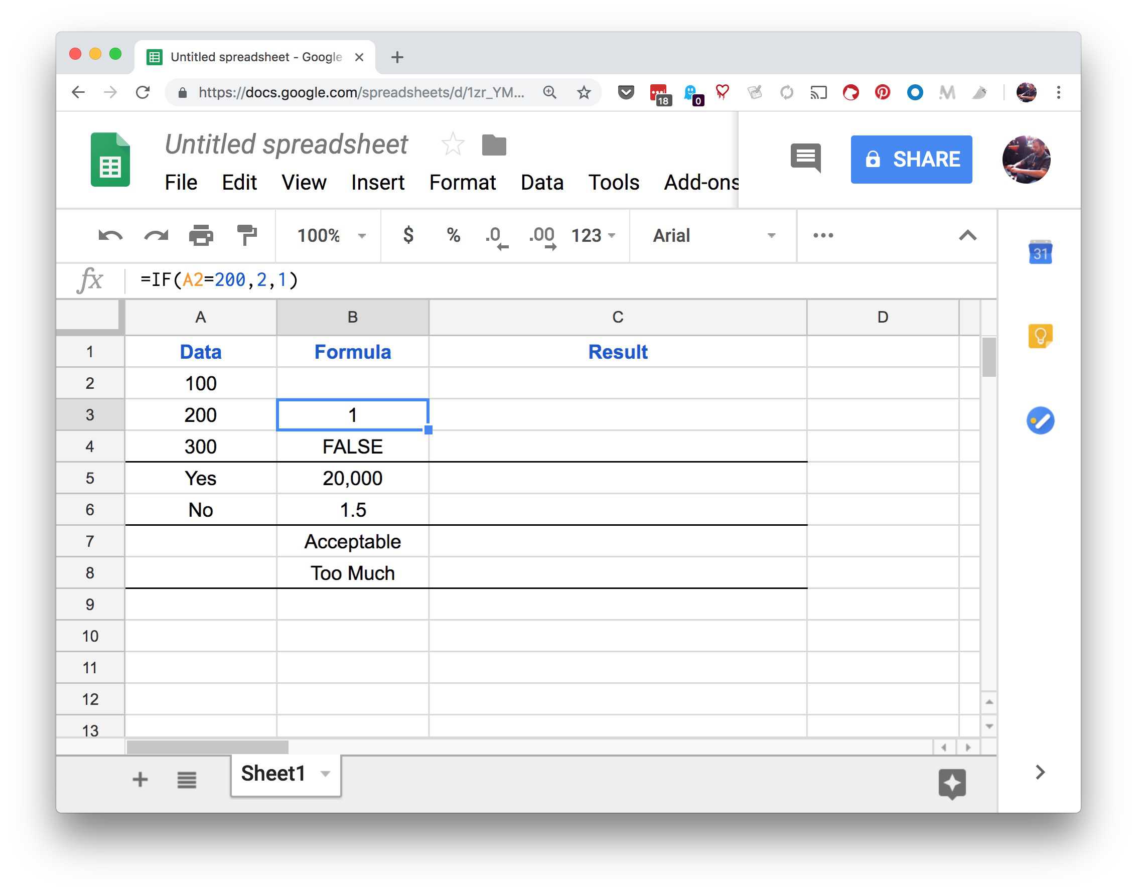 Screenshot van het Google Spreadsheets-venster met de waarde 1 in B3-cel