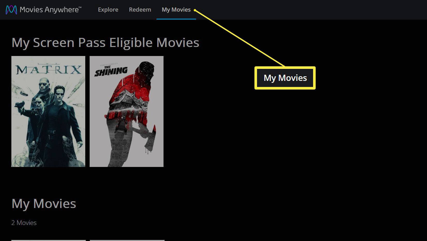 De Movies Anywhere-site met de knop Mijn films gemarkeerd.