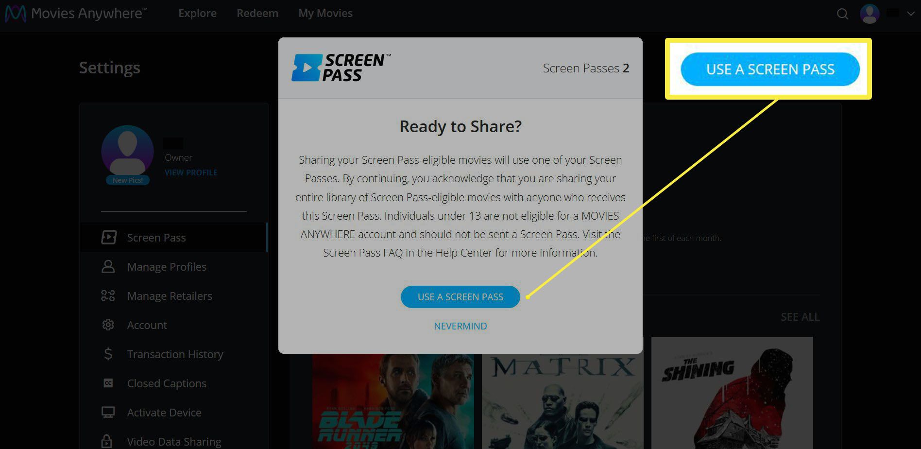 Venster met de mogelijkheid om een ​​schermpas te gebruiken voor de lijst van je films op de Movies Anywhere-site.