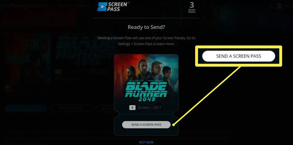 De Movies Anywhere-site met de knop Send a Screen Pass gemarkeerd.