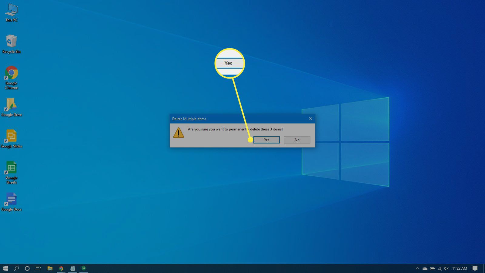 Bevestiging van het verwijderen van bestanden in de prullenbak in Windows 10.