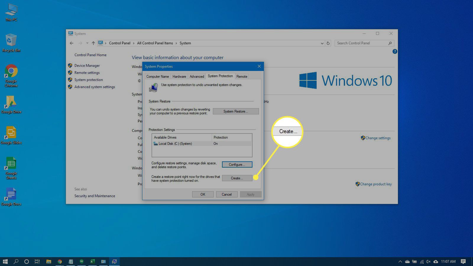 Een herstelpunt configureren in Windows 10.