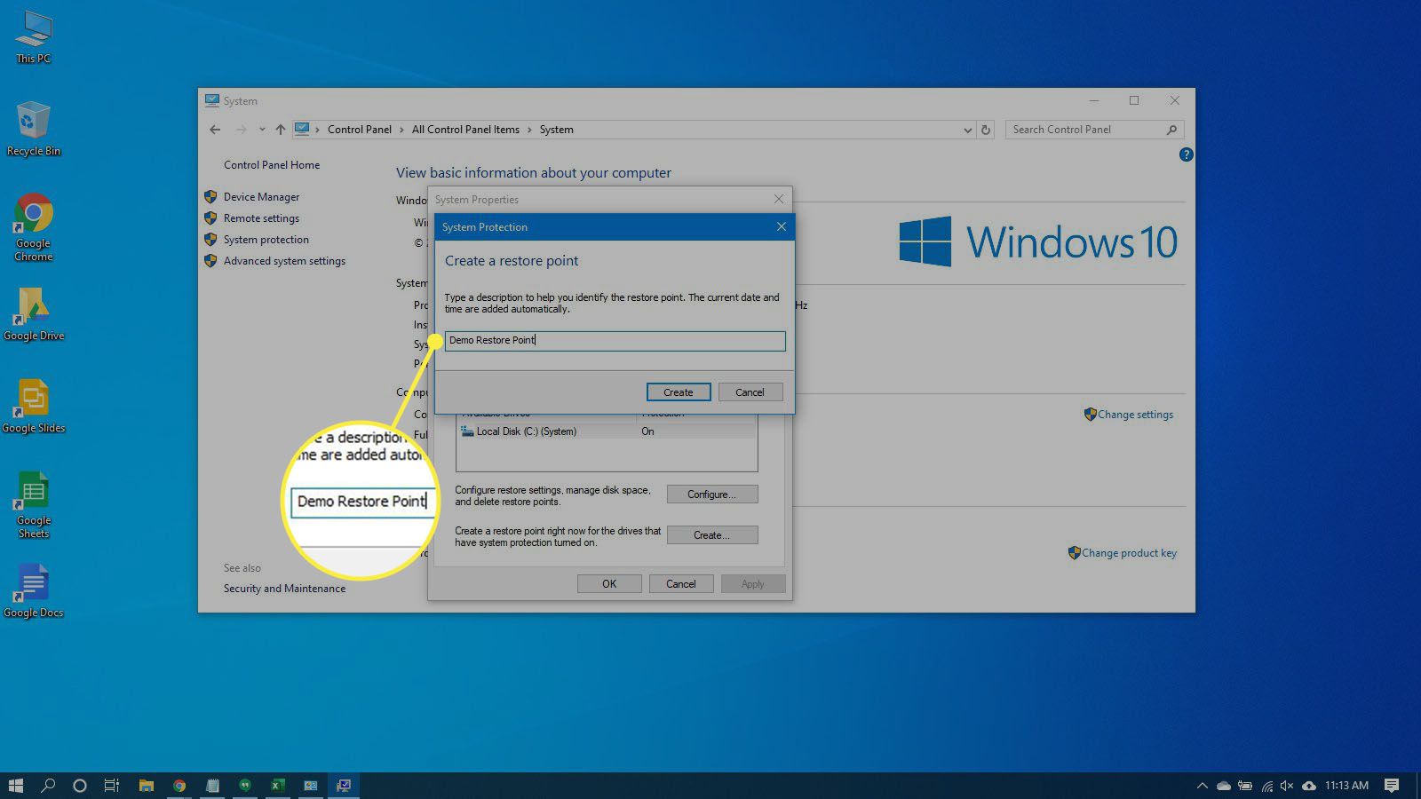 Het herstelpunt een naam geven in Windows 10.