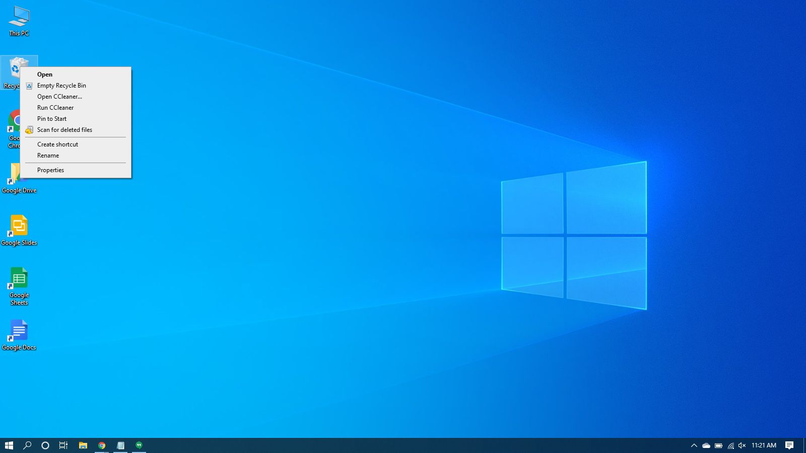 Klik met de rechtermuisknop op het contextmenu van de prullenbak in Windows 10.