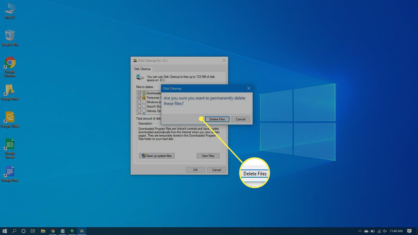 Bevestiging van het verwijderen van tijdelijke bestanden in Windows 10.