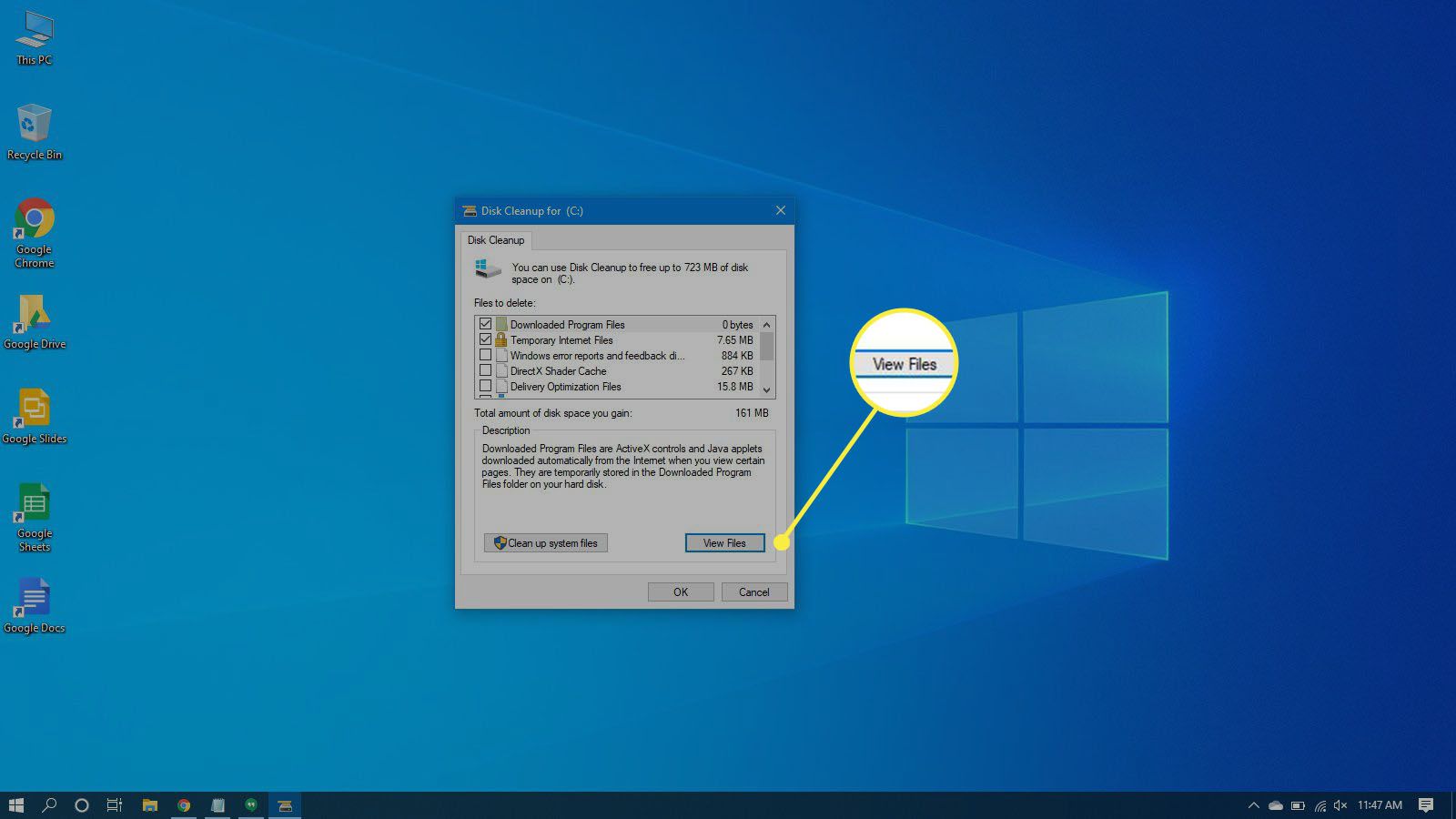Selecteren om de bestanden te bekijken die moeten worden verwijderd in Windows 10.