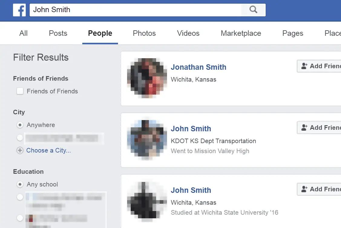 Facebook-zoekresultaten voor John Smith