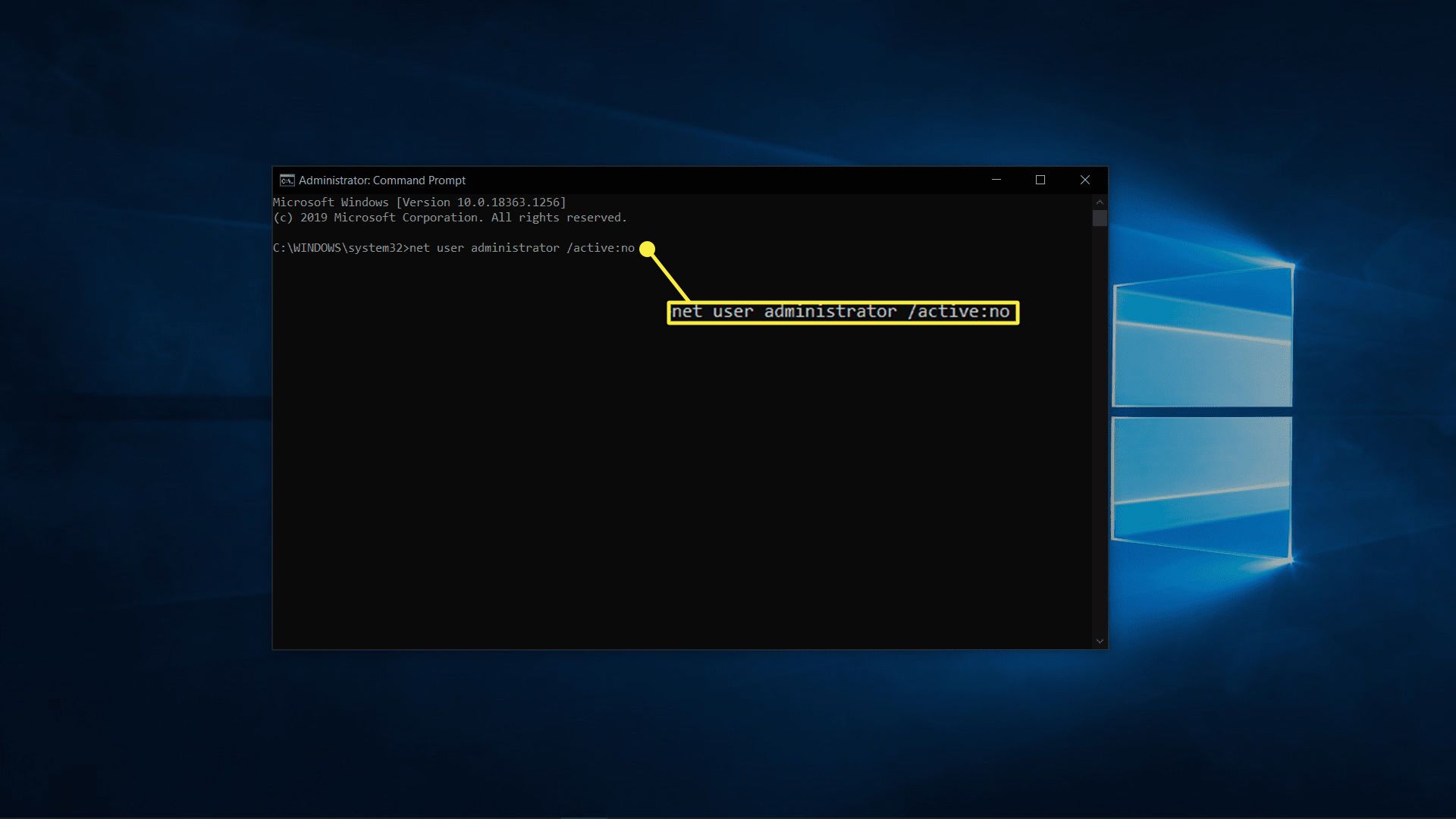 Het beheerdersaccount uitschakelen in Windows 10.