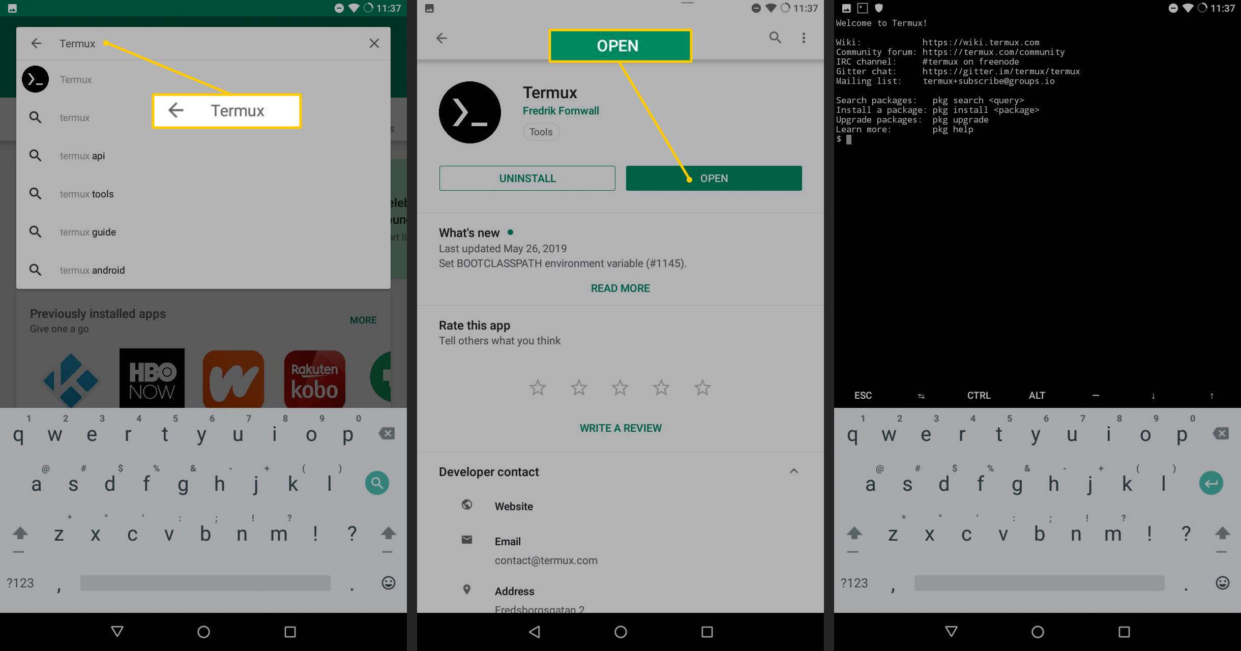 Termux-zoekveld, Open-knop, Termux-app op Android