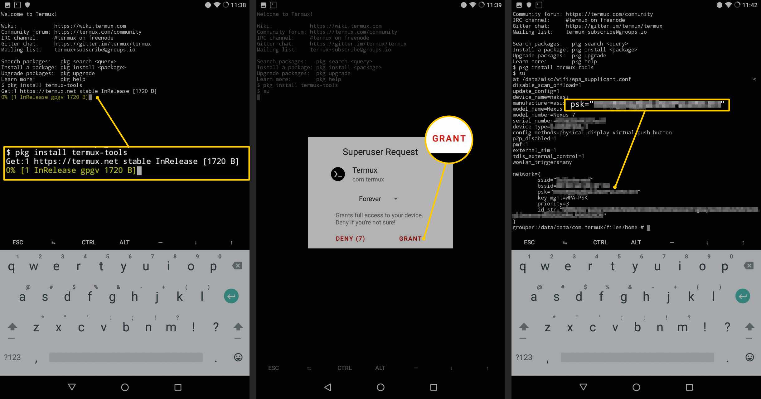 pkg install-opdracht, knop machtigingen verlenen, psk-resultaat op Android