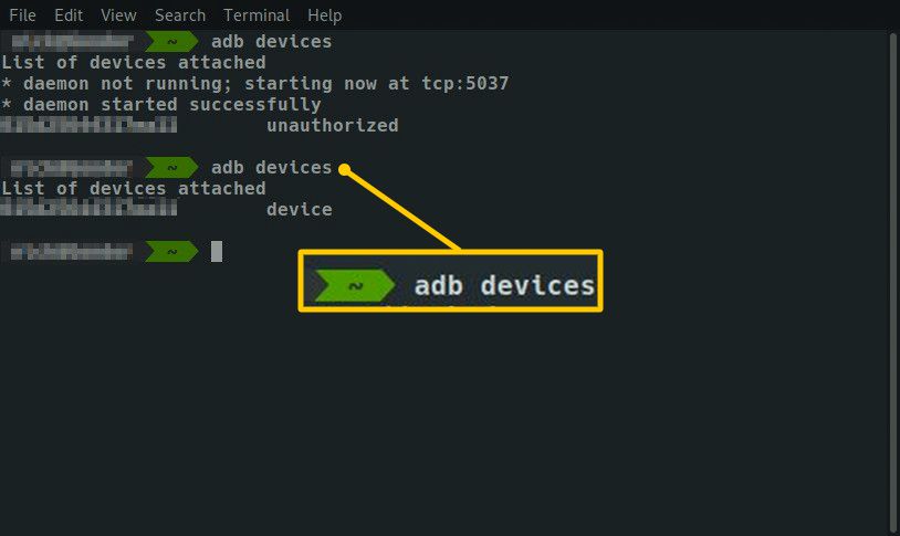 adb devices-opdracht op Android Terminal