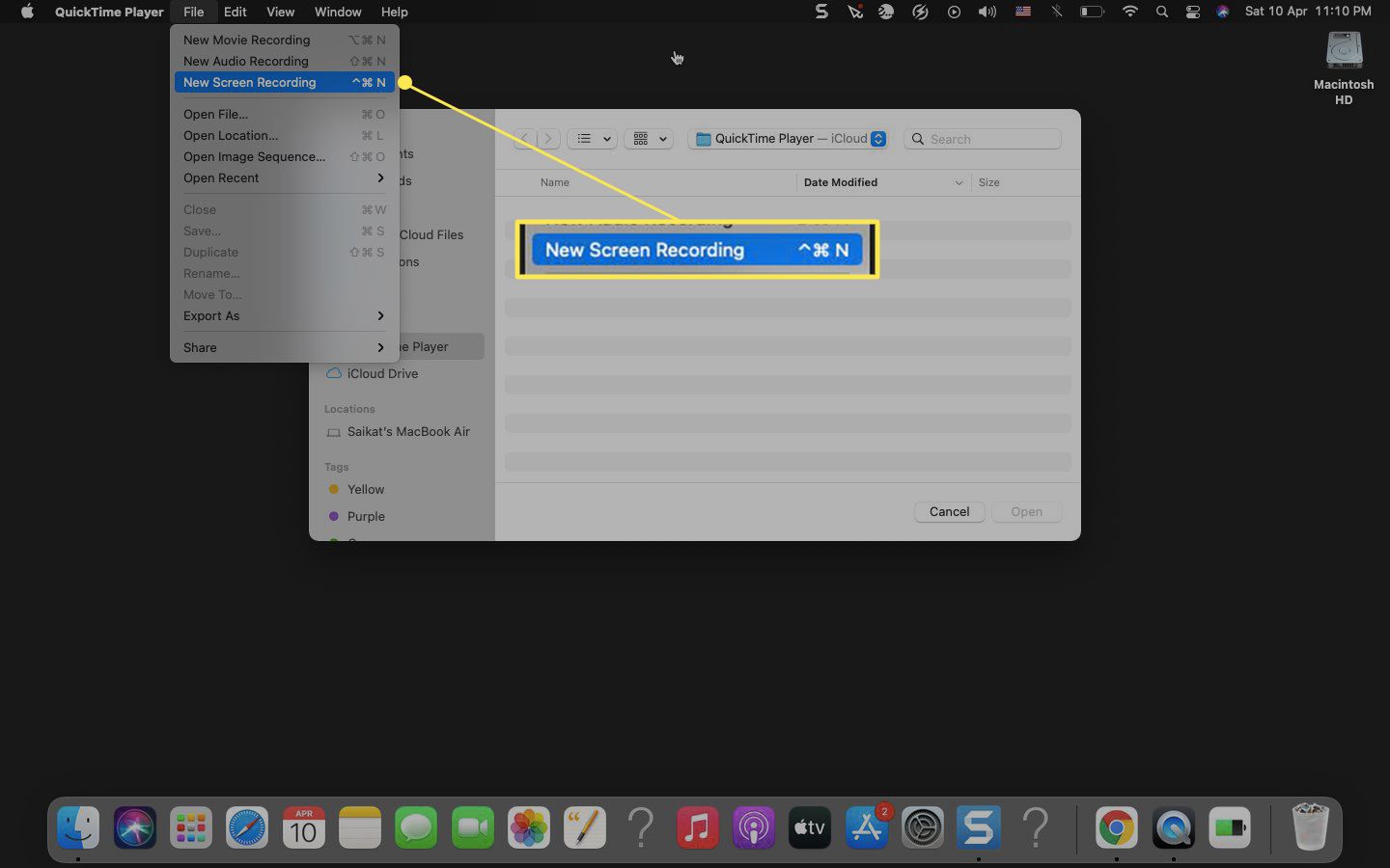 Quicktime Player op Mac met "Nieuwe schermopname" gemarkeerd