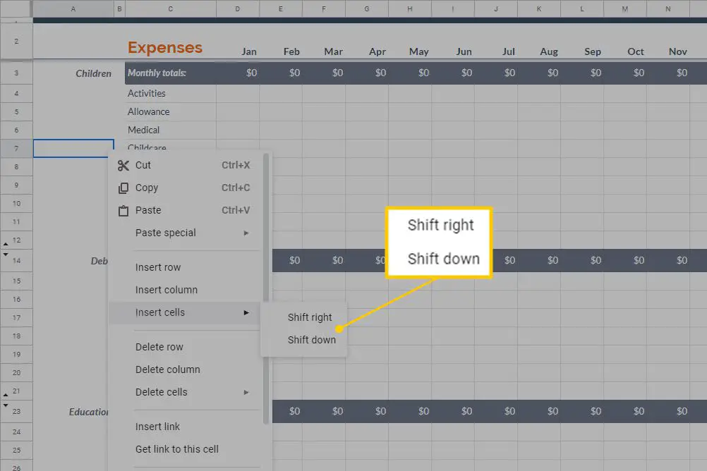 Shift rechts/Shift omlaag in Excel