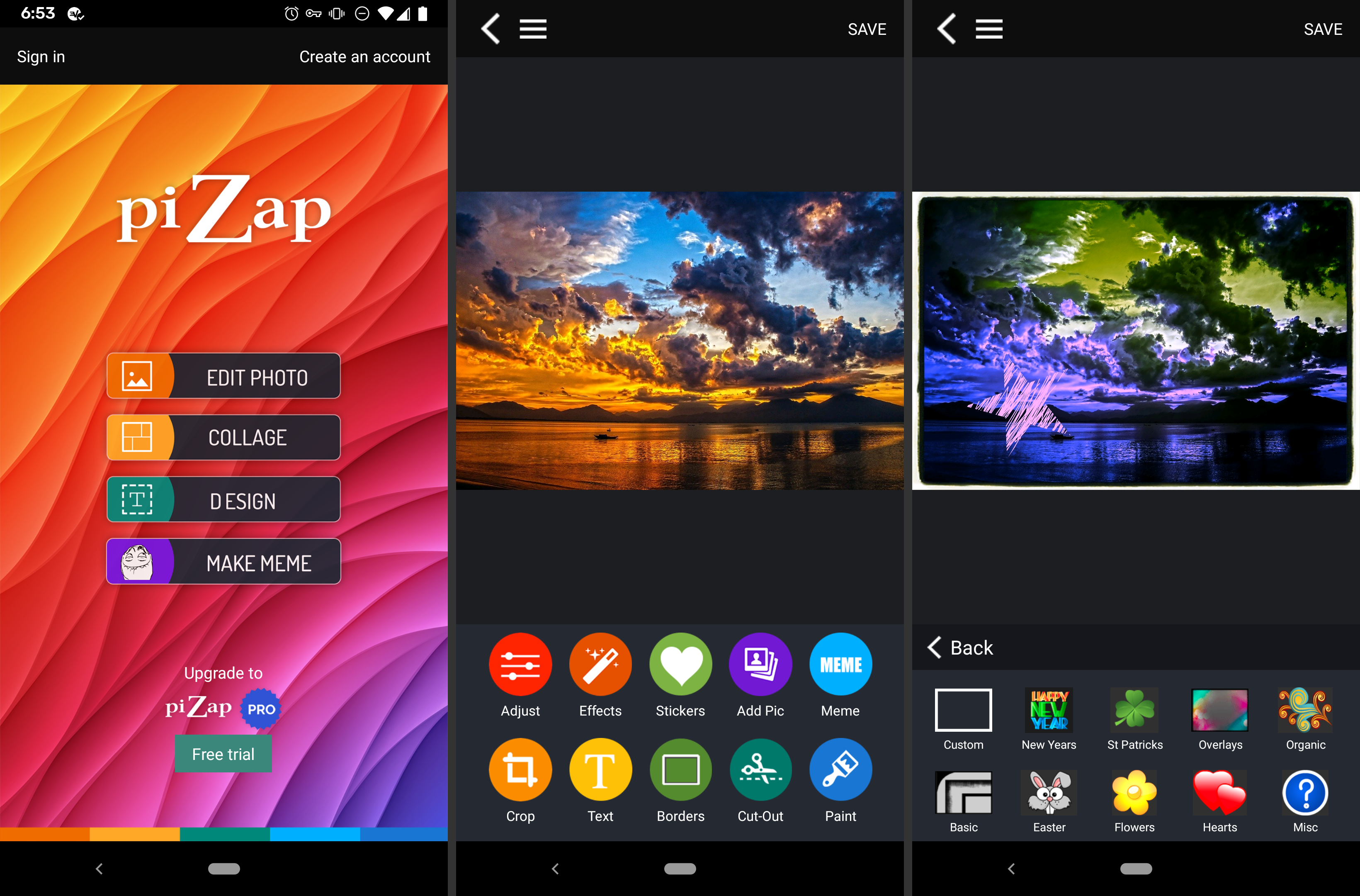 Screenshots van de gratis PiZap-app voor het bewerken van afbeeldingen op Android