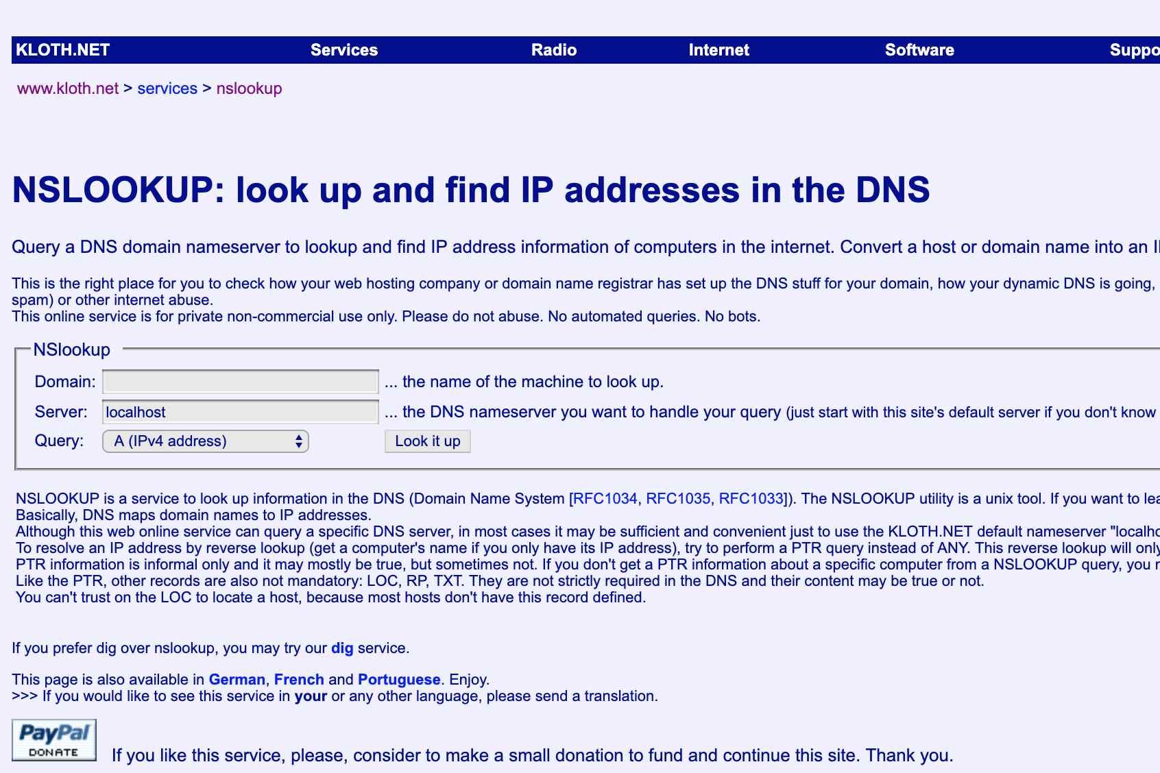 Kloth.net DNS-lookup