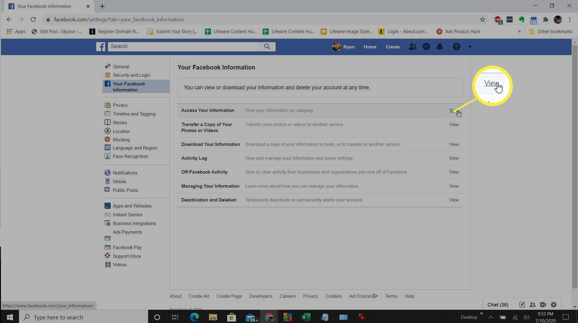Schermafbeelding van het selecteren van Toegang tot uw informatie in Facebook.