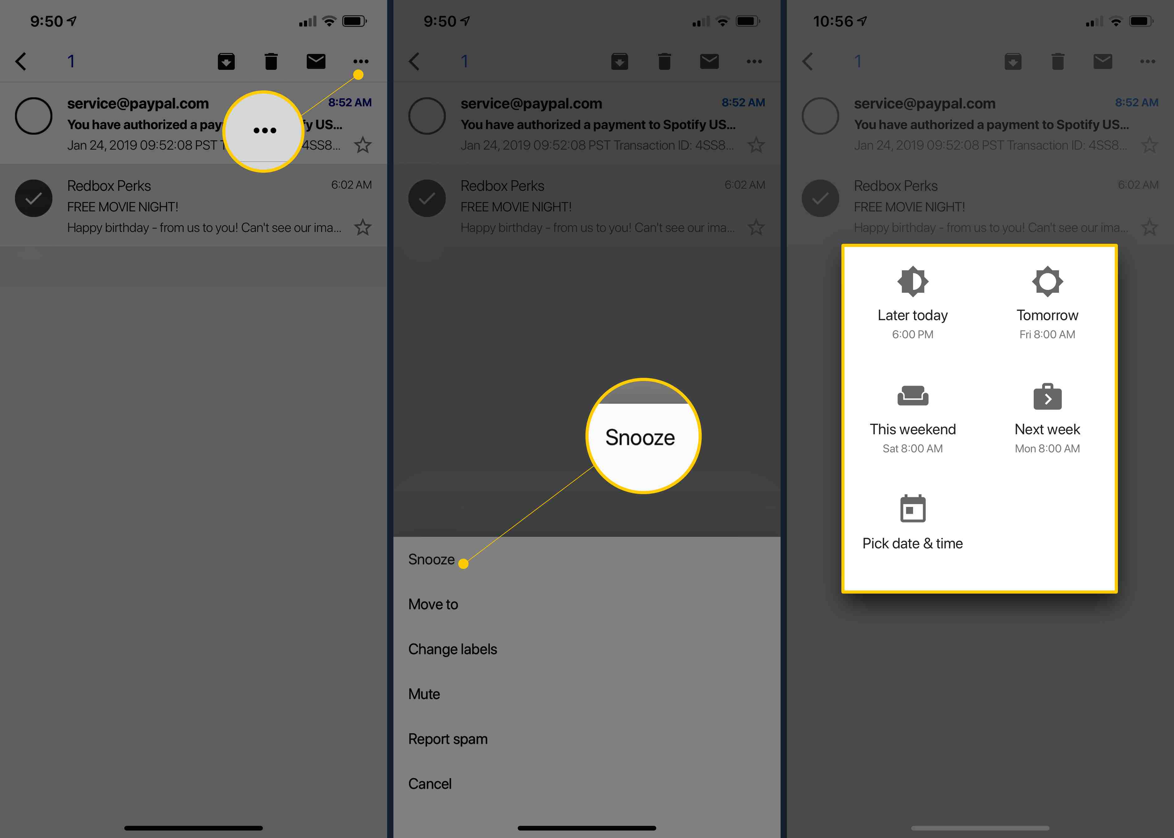 Drie iOS-schermen met de Gmail-menuknop, Snooze-knop en het scherm met snooze-opties