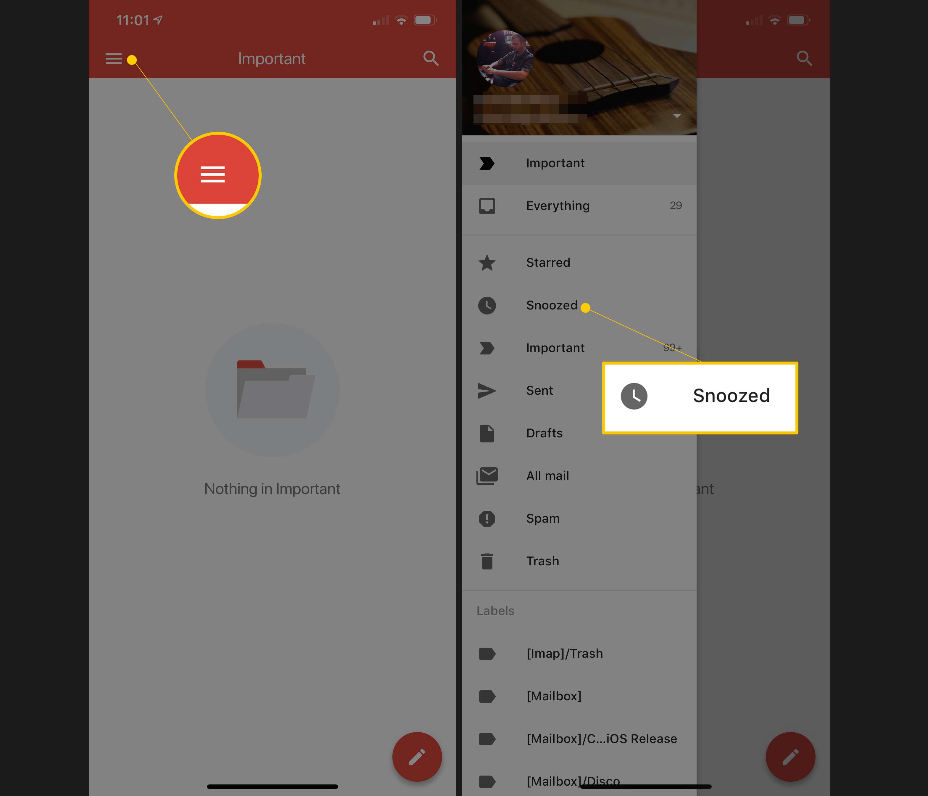 Twee iOS-schermen met de Gmail-menuknop en de categorie Gesnoozed