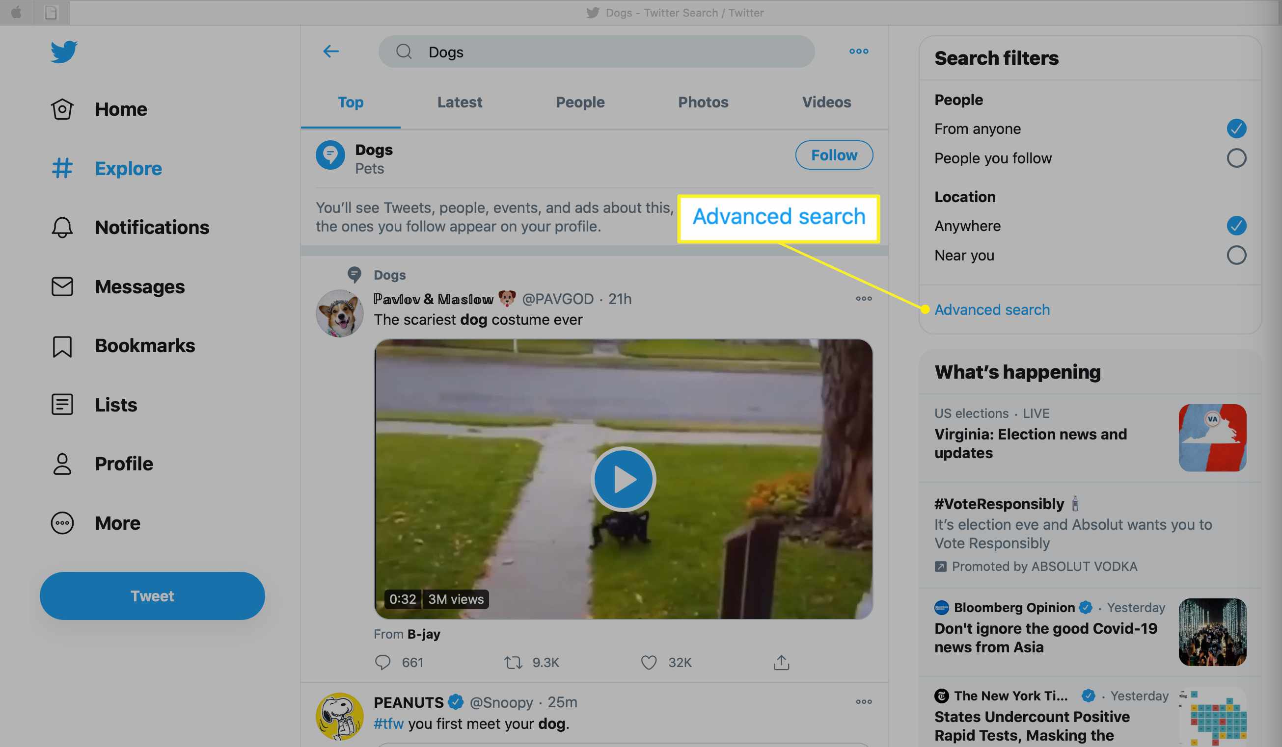 Twitter Geavanceerde zoeklink onder Zoekfilters