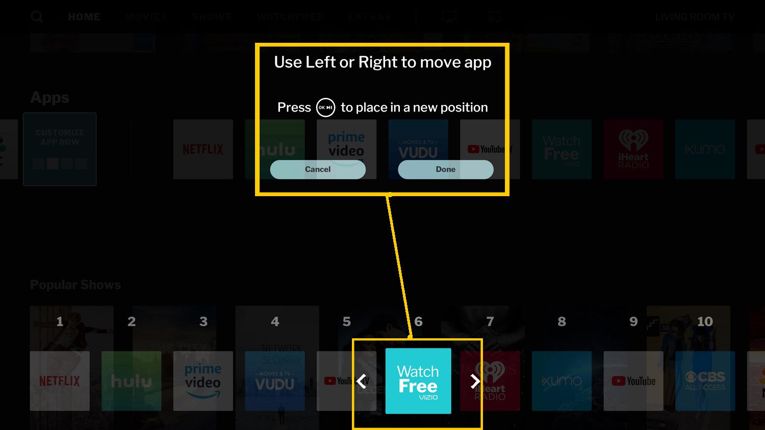 Vizio SmartCast TV - App-rij aanpassen - Voorbeeld van bewegende app